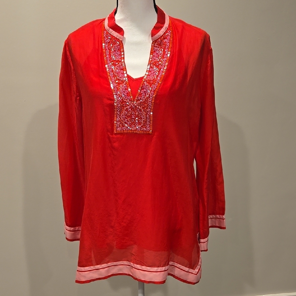 Hale Bob Hot Pink Embellished Long Sleeve Tunic with Mandarin Collar